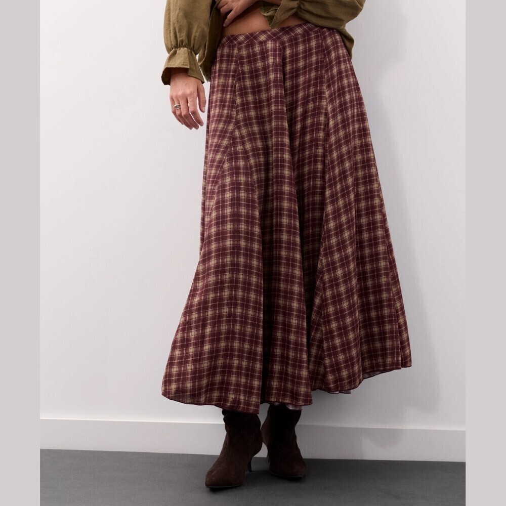 Burgundy Plaid A-Line Flowy Woven Maxi Skirt